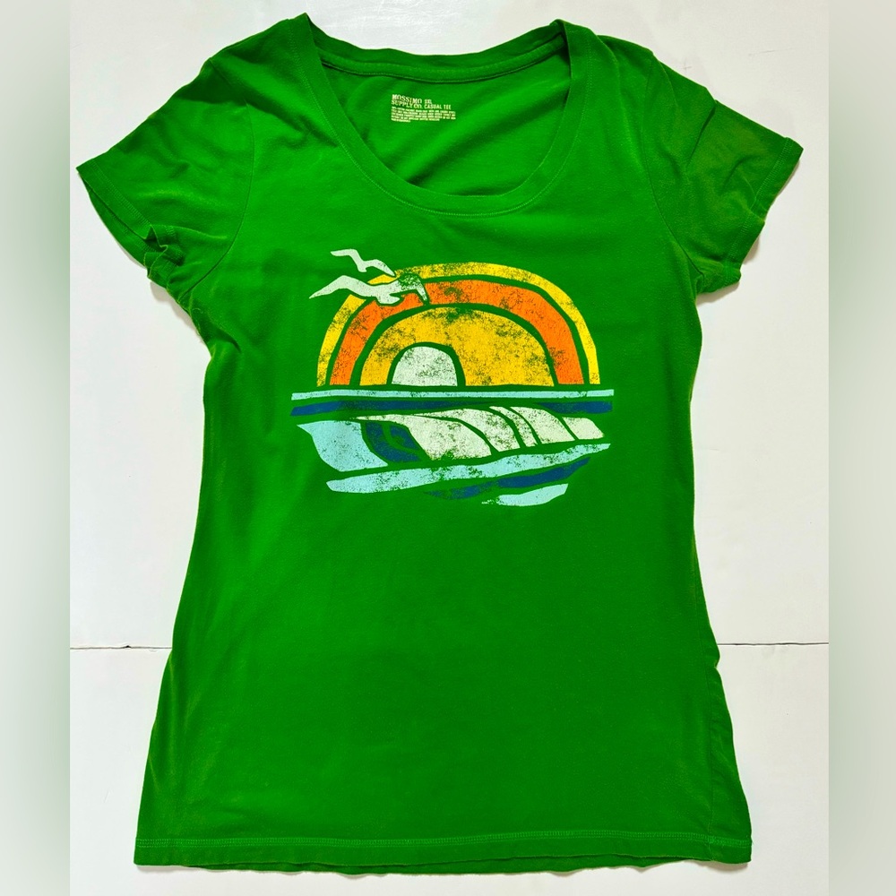 Mossimo Supply Co. Size XL Women's Casual Tee 100% Cotton Green w/Faded Sunset